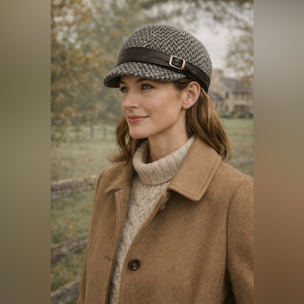 Gray Tweed Wool Cashmere Cap Classic Heritage Equestrian Style
